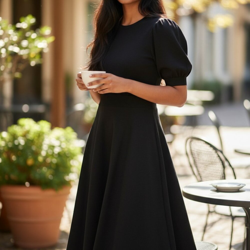 Ann Taylor Factory Black Puff Sleeve Dress Full Skirt Zip Back Sz 12P Normcore - Picture 2 of 15